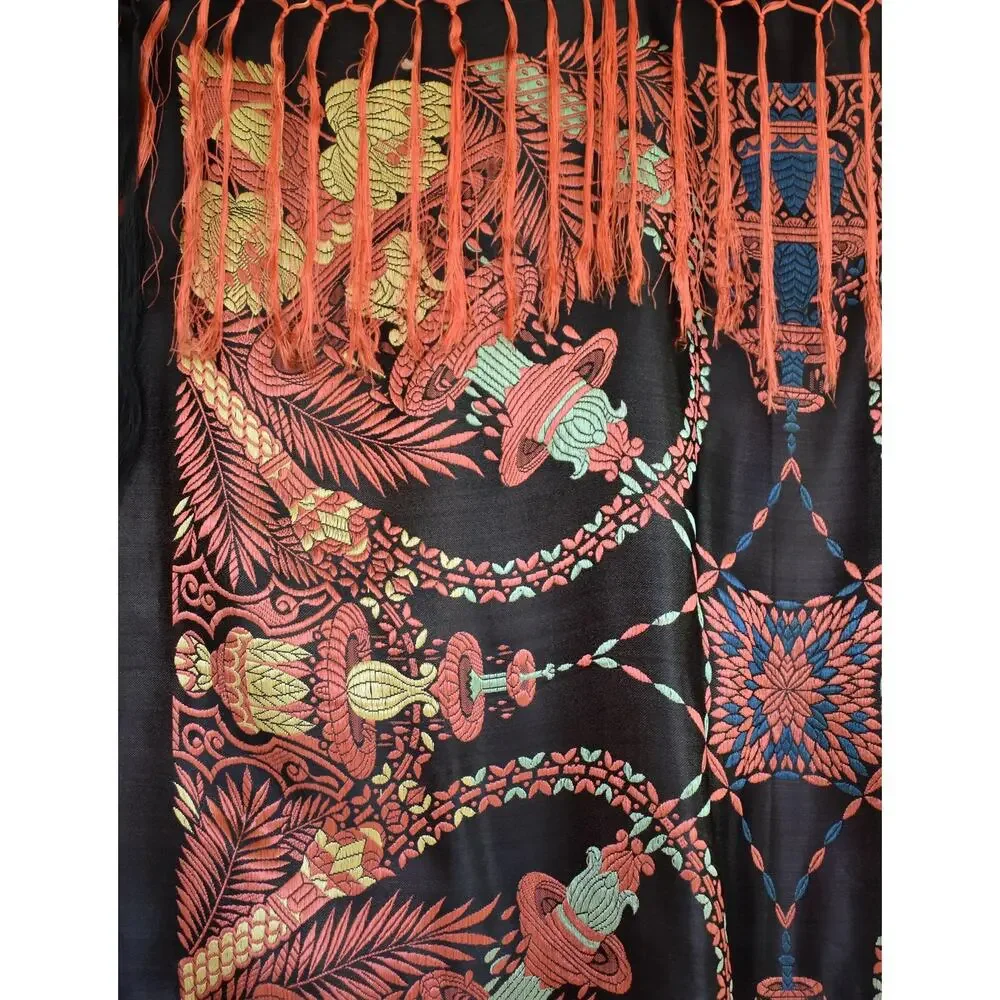 Vintage 40s Black Silk Taj Mahal Piano Shawl Scarf, Fringed Jacquard Brocade